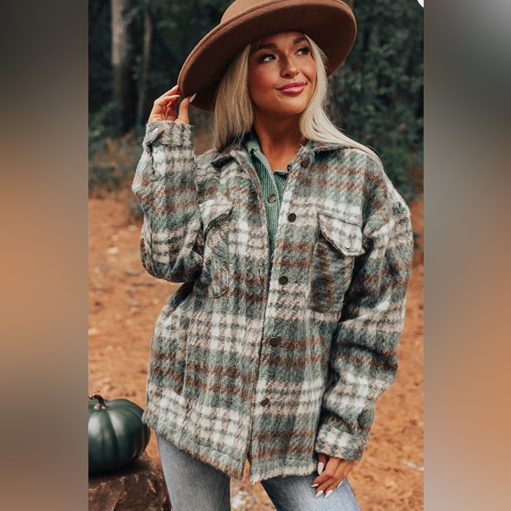 Plaid Women's Jacket in Green Brown Button Up Pockets Fall Woods Cozy Size XL